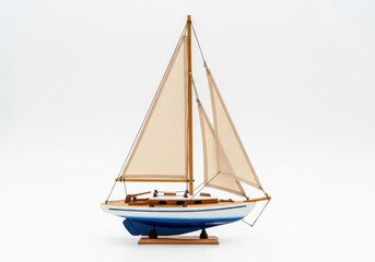 Fototapeta premium Elegant wooden sailboat model with blue hull and beige sails isolated on white background