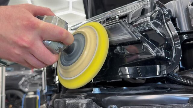 A car service worker polishes the car body with a polishing machine. Detailing and polishing of the car. Car detailing - hands with an orbital polishing machine in an auto repair shop.Selective focus.