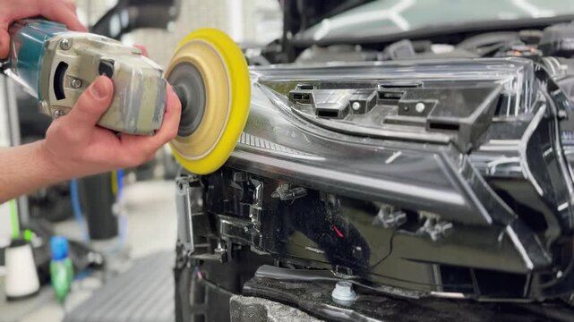 A car service worker polishes the car body with a polishing machine. Detailing and polishing of the car. Car detailing - hands with an orbital polishing machine in an auto repair shop.Selective focus.
