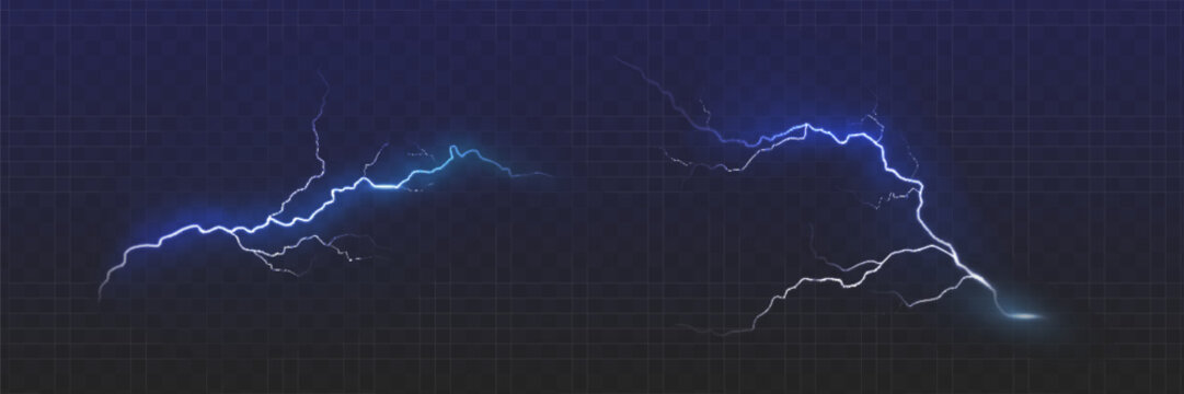 Set of the isolated realistic lightnings with transparency for design. Thunder-storm and lightnings. Magic and bright lighting effects. Natural effects