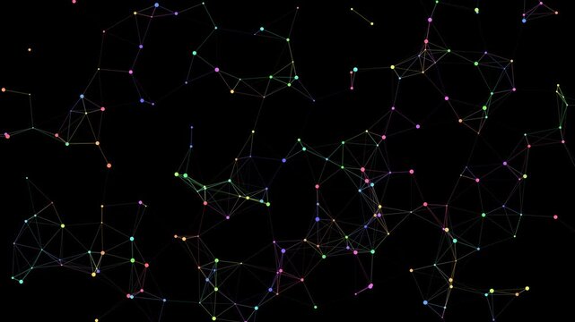 This animated motion graphic features a network of colorful points and lines on a black background, suggesting data connections.