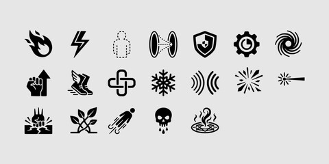 Icon set collection of fantasy superpower and magic ability icons depicting fire, lightning, ice, teleportation, shield, and energy combat skill effects. © Raka Firdaus 