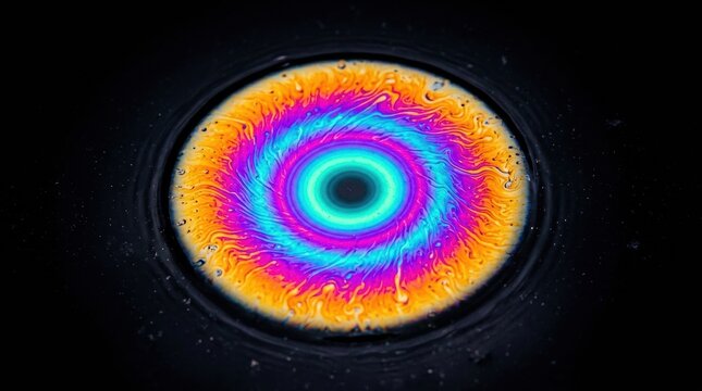 An iridescent oil spill forms a colorful swirl pattern on a dark surface, showing vivid colors and unique shapes during the day.