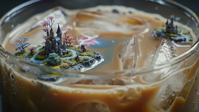 Glass filled with iced coffee, spoon, and fantasy islands with miniature castles