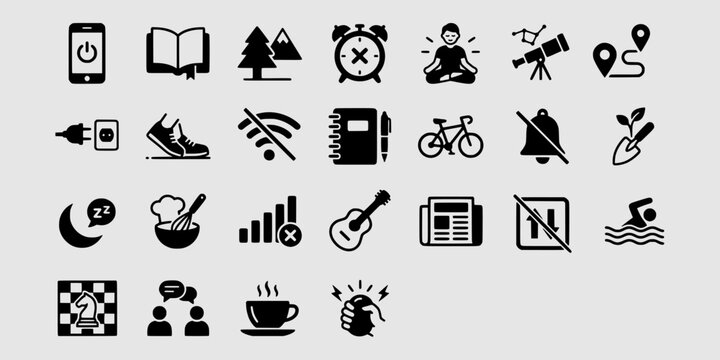 Icon set collection of digital detox and healthy lifestyle activity icons featuring meditation, outdoor sports, reading, and unplugged technology concepts.