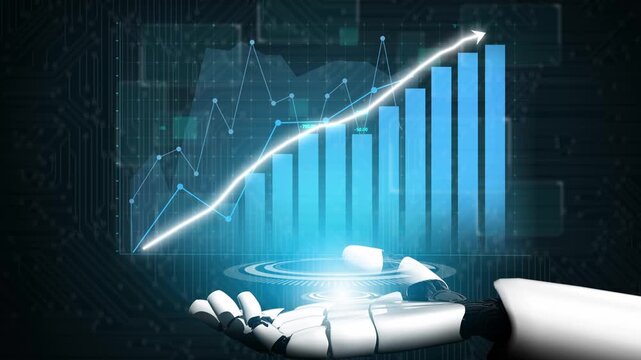 A futuristic robot hand presents a digital growth chart, representing progress in data analytics and technology, set against a backdrop of high-tech graphics and visuals. Copula