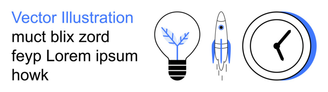 Innovation, time management, creativity, technology, productivity, and brainstorming. A light bulb, rocket and clock in minimalist design. Innovation and time management concept