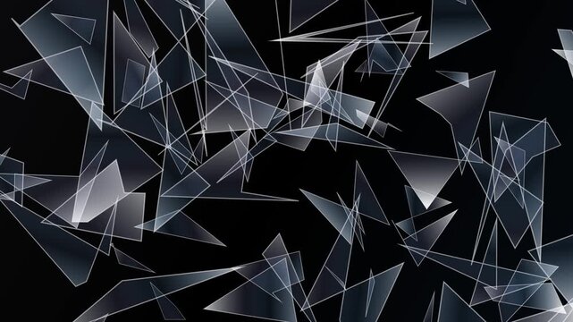 Dynamic motion graphics animation featuring transparent, sharp geometric shapes fragmenting and reassembling against a dark, abstract background, creating a sense of chaos and order.