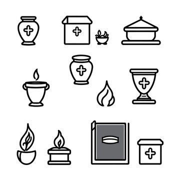 Funeral icons, cremation symbols, memorial signs, death and mourning graphics, 13 black and white illustrations