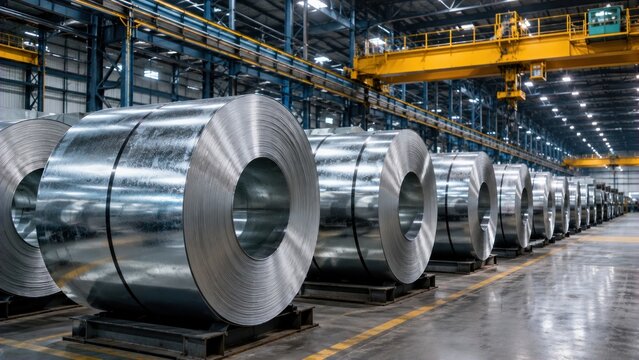 Rolls of galvanized steel sheets inside a factory or warehouse.
