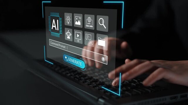 Hands typing on laptop keyboard with futuristic AI interface overlay, showcasing digital commands and icons for generating content and managing files Gluon.