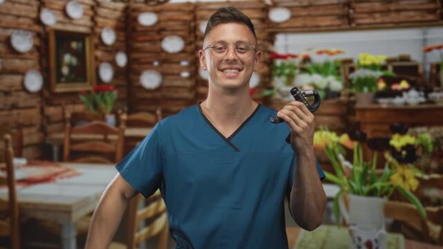 Man physiotherapist wearing scrubs holding a hand dynamometer and smiling in a rustic dining building; rehabilitation care.