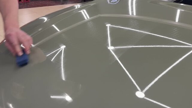The process of applying a nano-ceramic coating for hydrophobic effect on the green car's hood by a male worker with a sponge and bottle of chemical composition and microfiber. Auto detailing service i