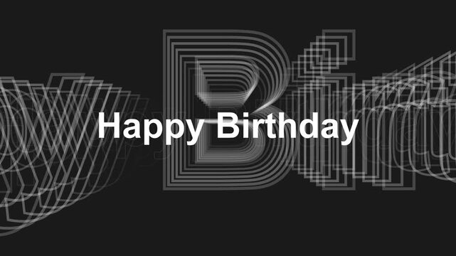 Animated text 'Happy Birthday' appears over a dark background with abstract geometric patterns in motion. This loopable footage is ideal for celebrations.