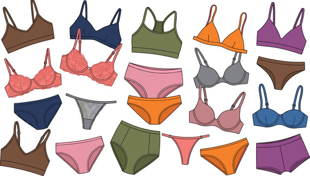 Fashion Women Lingerie Collection Featuring Stylish Bras, Panties, Bralettes, and Modern Underwear Apparel Vector Illustration Set