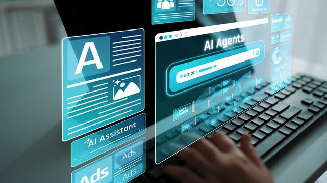 Futuristic Digital Workspace Illustration with AI Technology Concept Representing Virtual Assistance, Data Analysis, and Interactive User Interface on a Laptop Screen Sigmoid