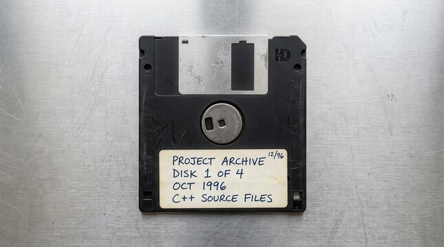 Vintage 3.5 inch floppy disk on brushed metal texture