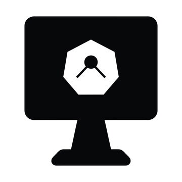 Minimalist computer monitor icon, digital screen with heptagon symbol, black and white technology vector illustration