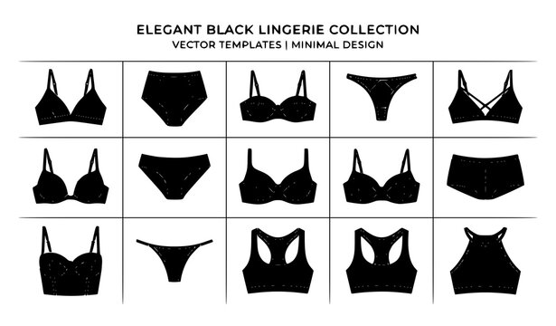 Minimal black lingerie vector set with modern bra and panties fashion templates isolated on white background