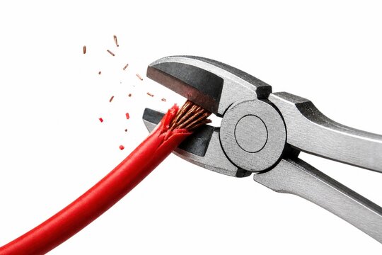 Cutting Electrical Wire with Pliers Close Up on White Background