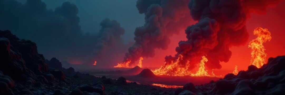 Dark, ominous smoke billows from a deep, fiery pit, Halloween aesthetic , demon, fire