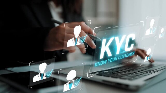 Digital Interface Representing Know Your Customer Concept with Virtual User Icons and KYC Text on Laptop for Financial Technology and Compliance Applications Sigmoid