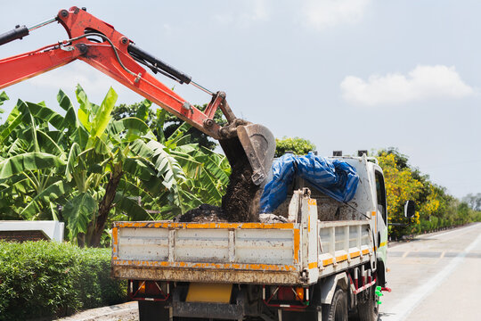 An orange excavator bucket loads dark soil into the back of a white dump truck.