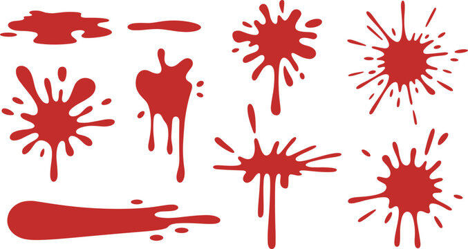 Red paint splatter and dripping stains vector set with abstract liquid splash shapes isolated grunge design elements