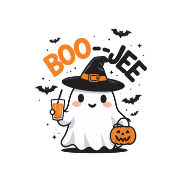 Cute Halloween ghost character with pumpkin and funny boo jee text in playful cartoon spooky holiday illustration style.