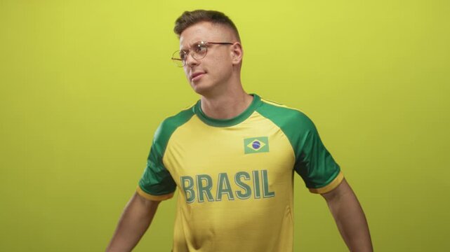 Man in brasil soccer jersey cupping hands to mouth shouting with glasses visible in a green studio; pride support passion.