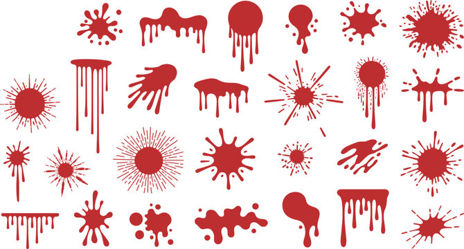 Red paint splatter collection vector set with dripping stains abstract ink blots isolated on white background