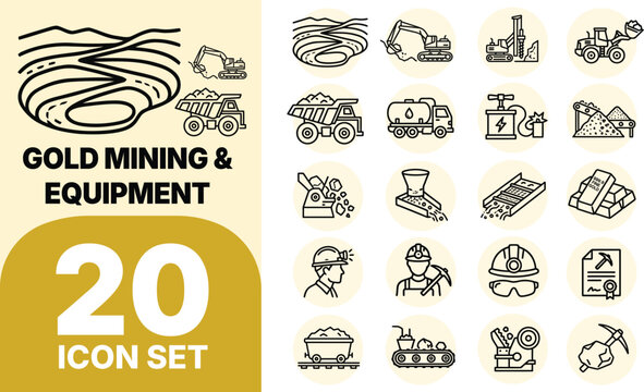 20 Gold Mining and Equipment Icons Set &ndash; Industrial Vector Collection