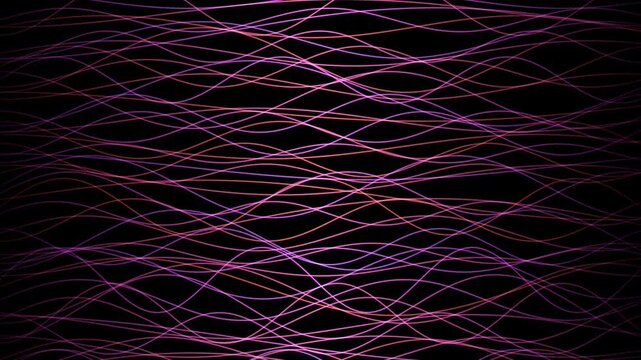 This abstract motion graphic features gently flowing, interlacing pink and purple lines against a dark background, creating a dynamic visual pattern.