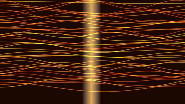 Wavy, thin lines of orange and yellow animate across a dark background, intersected by a vertical glowing beam. This looping motion graphic offers a dynamic visual.