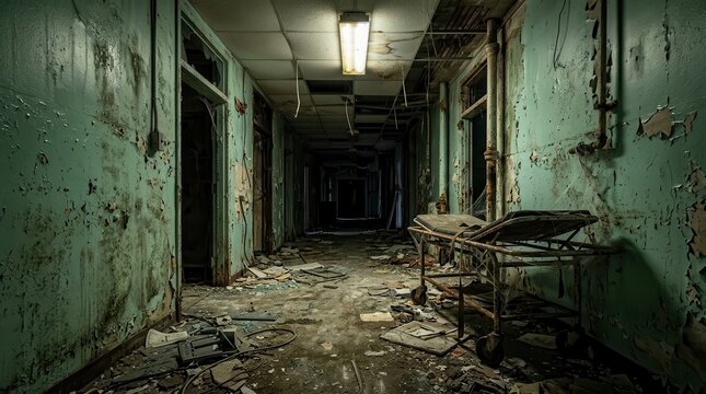 Abandoned Hospital Hallway with Rusty Gurney