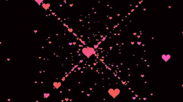Animated motion graphics clip featuring a shower of pink and orange hearts against a black background, suggesting romance or celebration.