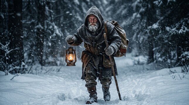 An elderly man with a beard and hooded cloak walks through a snowy forest holding a lantern.