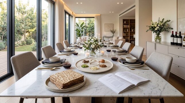 Modern minimalist Passover Seder table setting featuring contemporary design elements, matzah, wine glasses and ritual objects in a clean room.