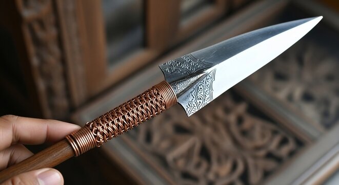 Close up spearhead against intricate wooden background