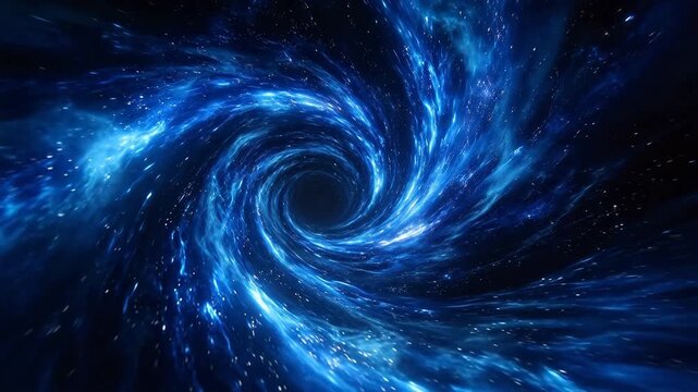 Black hole in deep space with rotating blue nebula and stars