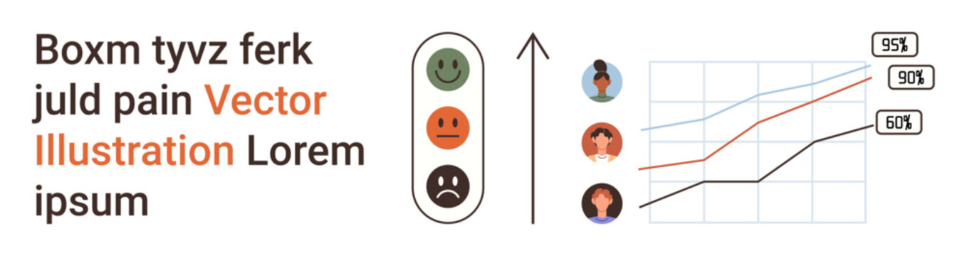 Data analysis, user feedback, performance reviews, survey results, growth metrics, business analytics. emotion reaction scale next to a percentage line graph. Data analysis and user feedback concept