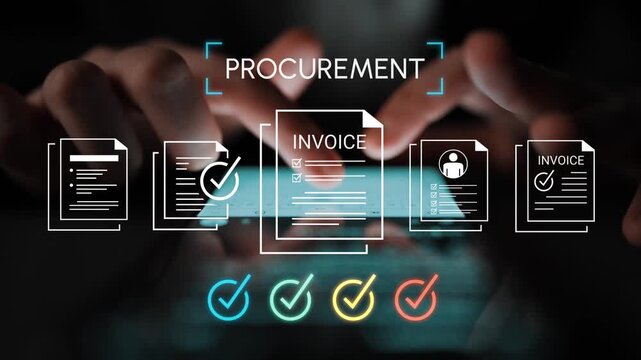 Procurement Process with Hands Typing on Keyboard and Document Icons Representing Invoices, Checkmarks, and Digital Workflow Gluon.