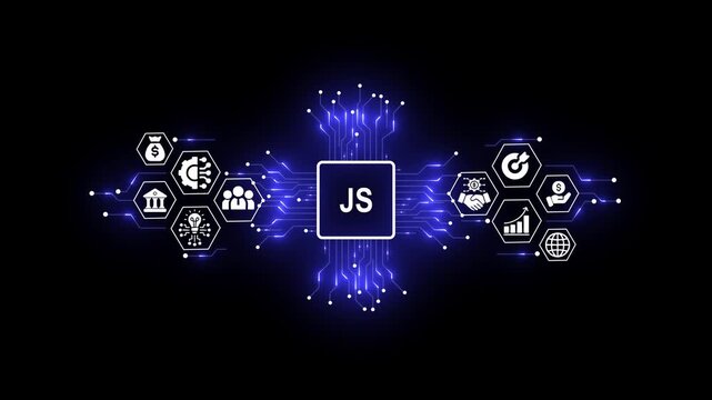 Futuristic JavaScript Technology Concept with Digital Network and Business Icons
