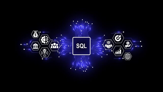 Futuristic SQL Database Concept with Digital Network and Business Icons
