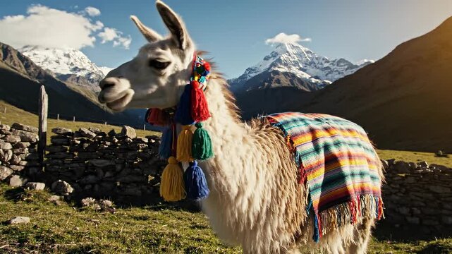 Llama in a mountainous landscape with colorful textiles.