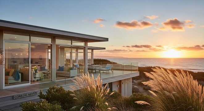 Coastal modern home sunset view