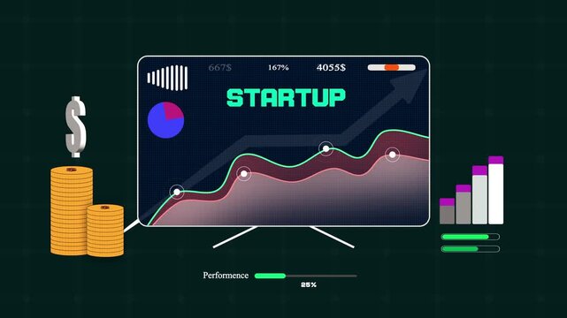 Startup business growth on a digital monitor showing how new ventures achieve financial success through smart investment strategy