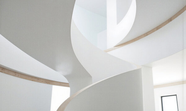 Spiral staircase architecture featuring modern white curved stairs with wood accents in a bright minimalist interior