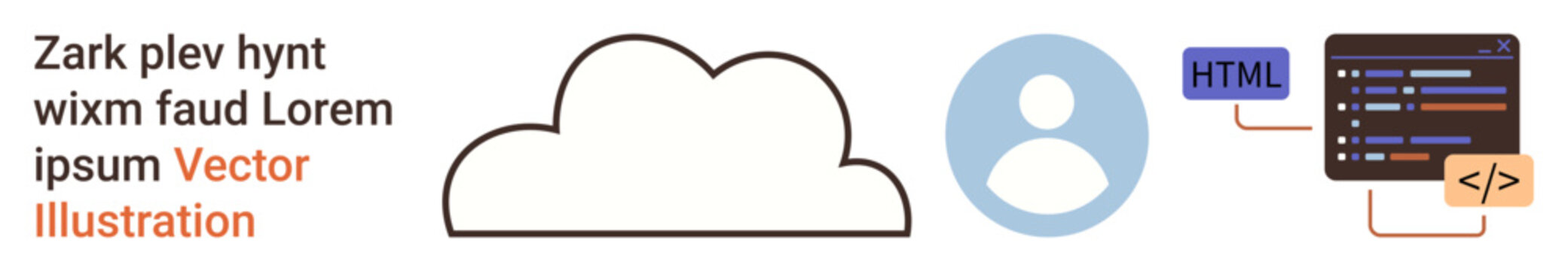Cloud computing, web development, digital identity, programming, data storage, IT solutions. Visuals include a cloud icon, a user symbol and coding interface. Cloud computing and web development