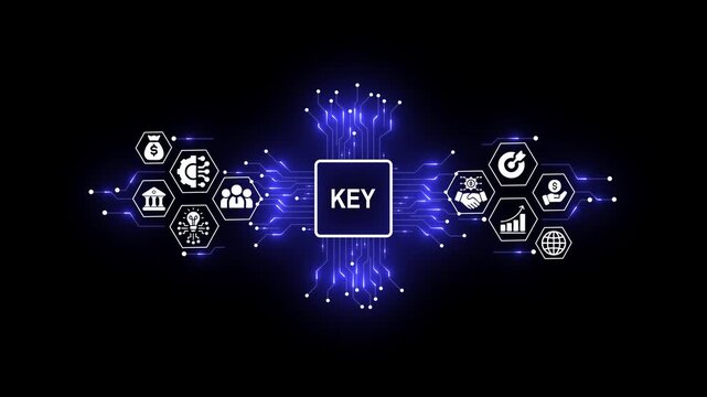 Futuristic Security Key Concept with Digital Network and Business Icons
